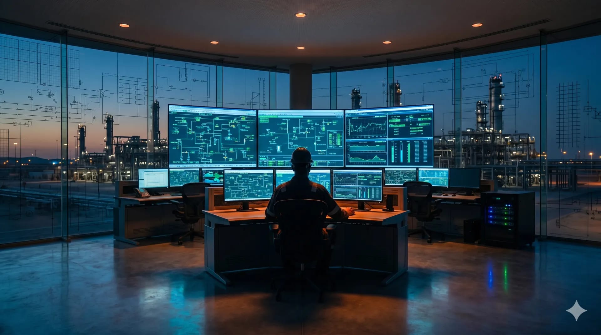 SCADA control room overlooking industrial plant at dusk
